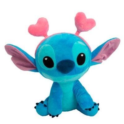 Pelúcia azul Stitch com corações cor-de-rosa na cabeça