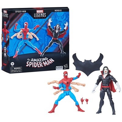 Conjunto Marvel Legends com figuras de Spider-Man e Morbius e embalagem azul