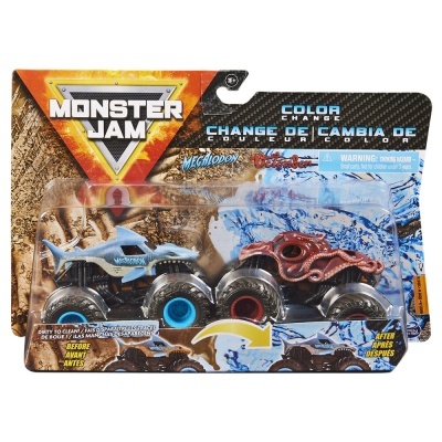 Conjunto Monster Jam com dois camiões de brinquedo que mudam de cor com água.