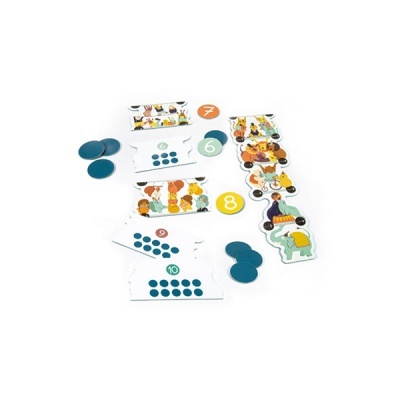 Jogo de cartas com números e ilustrações de animais e fichas coloridas