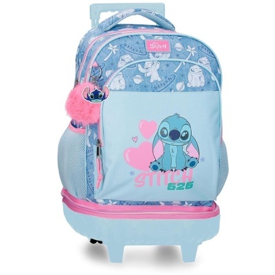 Mochila escolar de carrinho azul e rosa com estampa do Stitch e chaveiro