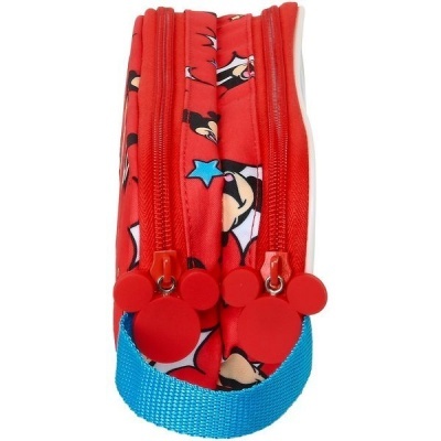 Estojo escolar vermelho com padrão do Pato Donald, fechos vermelhos e alça azul