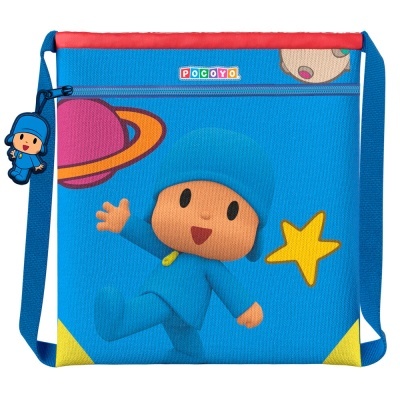 Mala infantil azul com personagem Pocoyo e elementos espaciais.
