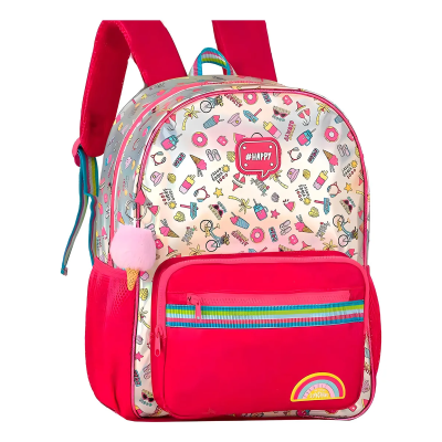 mochila infantil rosa com padrão colorido e bolso frontal zíper