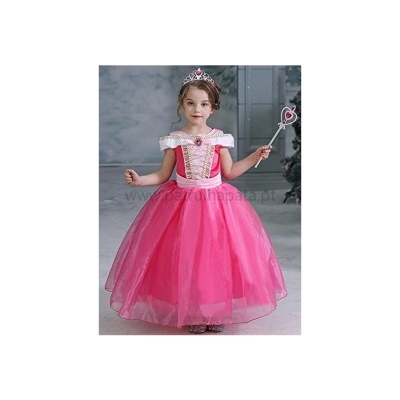 Vestido de princesa infantil cor de rosa com tiara e varinha