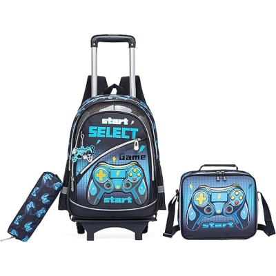 Conjunto escolar com mochila de rodinhas, bolsa térmica e estojo com design de comandos de videojogos em azul e preto