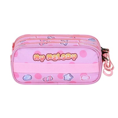 Estojo escolar cor-de-rosa com texto MY MELODY e padrão de bolinhas e figuras
