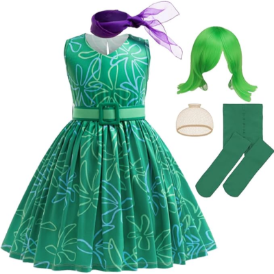 Vestido verde com padrão de folhas, cinto, meias, peruca, lenço e chapéu para criança