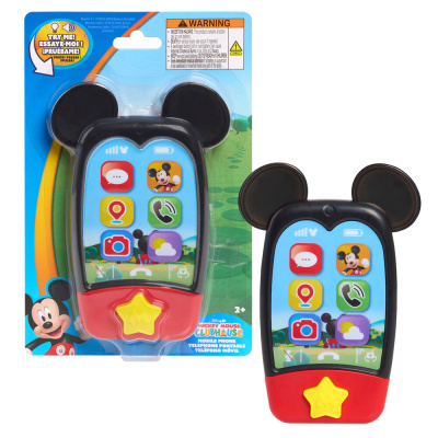 Telefone brinquedo Mickey Mouse Clubhouse com orelhas e botões coloridos, em embalagem azul