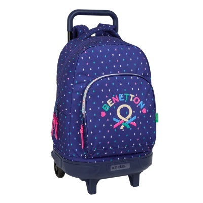 Mochila de rodinhas azul escuro com padrão de gotas coloridas e logótipo colorido BENETTON