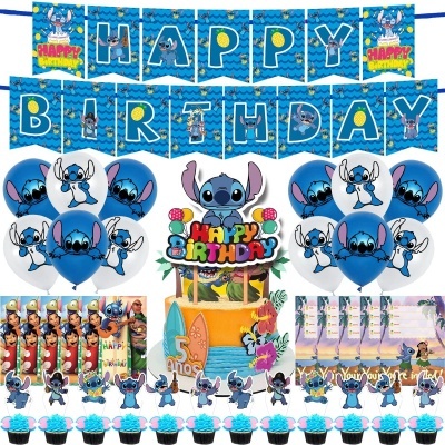 Decoração de festa de aniversário com tema Stitch com balões, banner e cake toppers