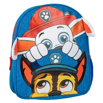 Mochila infantil azul com estampa dos personagens do desenho animado Patas à Obra
