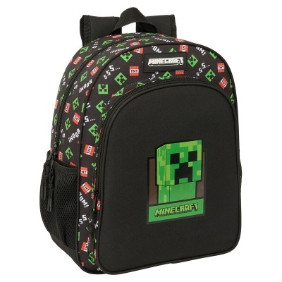Mochila preta Minecraft com padrão colorido e imagem de Creeper pixelado