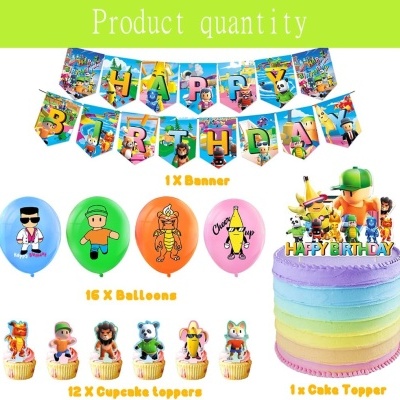 Conjunto de decoração para festa com faixa, balões coloridos, toppers de cupcake e topper para bolo