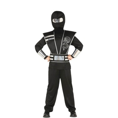 Roupa de ninja preta para criança com detalhes prateados e padrão de dragão