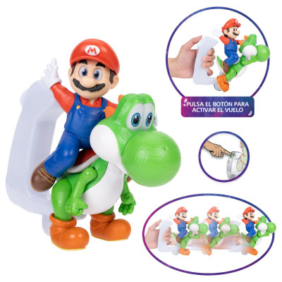 Figura de Mario montado em Yoshi com suporte branco e instruções em espanhol.