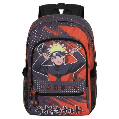 Mochila escolar com desenho do Naruto, cores laranja, preto e cinza, padrão de pontos e texto NARUTO
