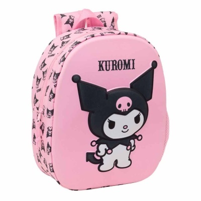 Mochila rosa com personagem Kuromi e texto KUROMI
