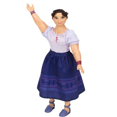 Boneca feminina com vestido azul e blusa lilás de manga curta