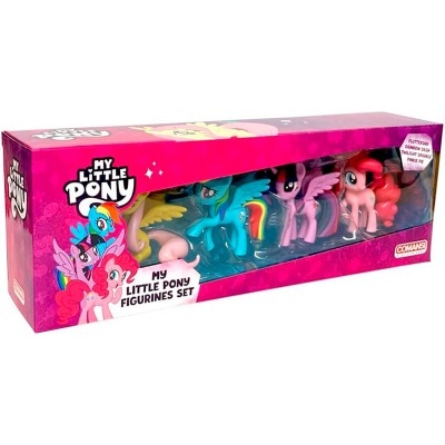 Conjunto de figuras My Little Pony com quatro personagens coloridas em caixa rosa