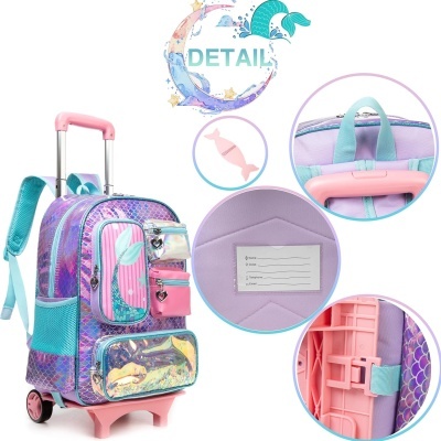 Mochila infantil com carrinho e bolsos múltiplos em tons lilás e roxo com padrão escamas