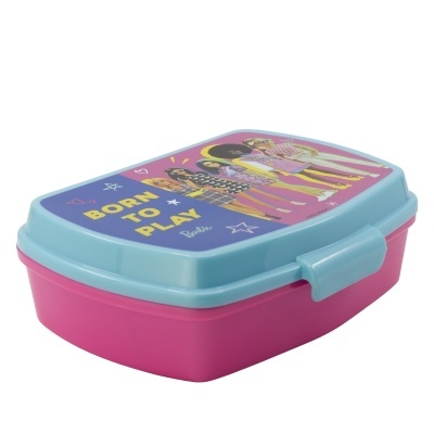 Caixa de lanche Barbie cor-de-rosa com tampa azul e texto Born to Play