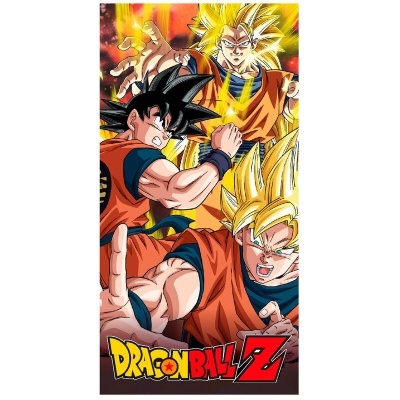 Pano de banho Dragon Ball Z com personagens Goku em diferentes fases e logo colorido