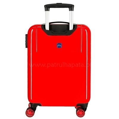 Mala de viagem rígida vermelha com rodas e pega extensível preta