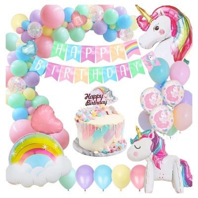 Decoração de festa com balões de unicórnio, arco-íris, bolo e faixa HAPPY BIRTHDAY