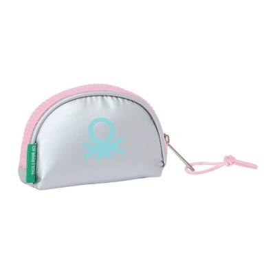 Necessaire pequena prata com fecho rosa e logótipo azul claro