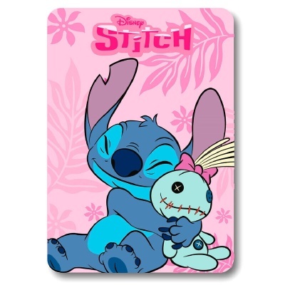Placa decorativa rosa com Stitch azul abraçando boneco de pano azul claro