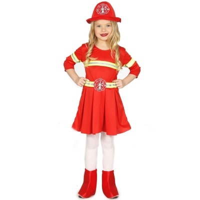Vestido vermelho de criança com acessórios de bombeiro