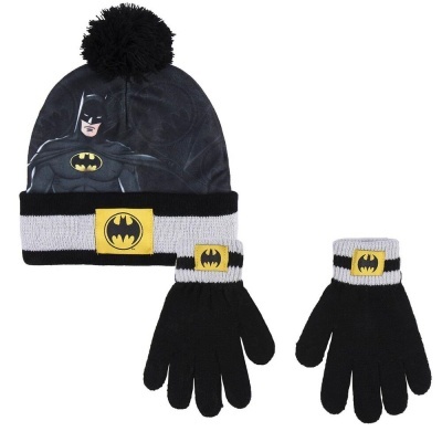 Conjunto de inverno com gorro e luvas Batman preto, cinza e amarelo