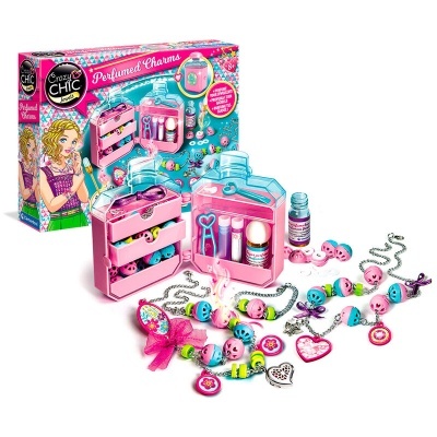 Conjunto de joias e perfumes de plástico coloridos para crianças com caixa cor-de-rosa