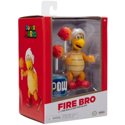 Figura Fire Bro Super Mario com bolas de fogo e bloco POW em caixa vermelha branca transparente