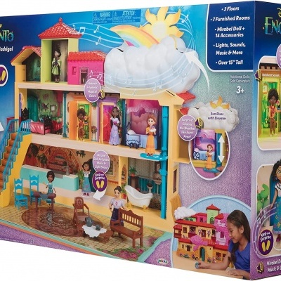 Brinquedo Disney Encanto Magical Casa Madrigal com três andares e figuras de personagens na caixa