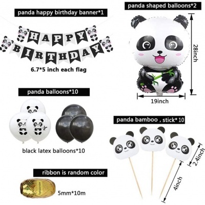 Conjunto de decoração de festa panda com banner, balões, palitos decorativos e fita
