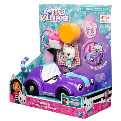 Brinquedo carrinho roxo com figura de gato branco em embalagem Gabby's Dollhouse