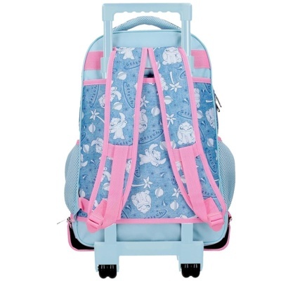 Mochila de carrinho infantil azul e rosa com padrão de personagens e alças cor-de-rosa