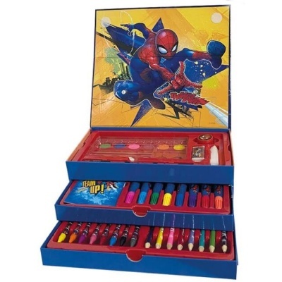 Conjunto de arte infantil Homem-Aranha com lápis, canetas e tintas em embalagem azul