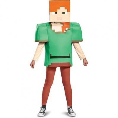 Fantasia de personagem pixelada com cabeça quadrada cor de laranja e roupas verdes e marrons