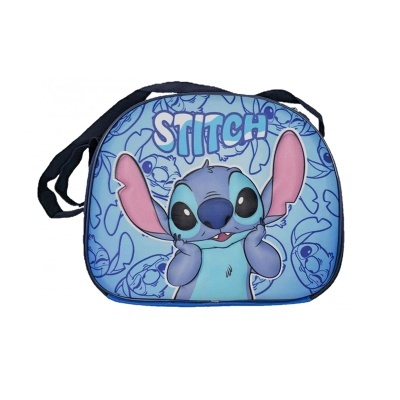 Mala azul com estampado do Stitch e a palavra STITCH
