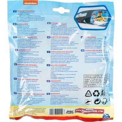 Embalagem azul do produto Paw Patrol com texto multilíngue e logótipos