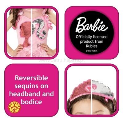 Conjunto Barbie com lantejoulas reversíveis em corpet e faixa de cabelo, texto oficial da licença e fundo rosa.