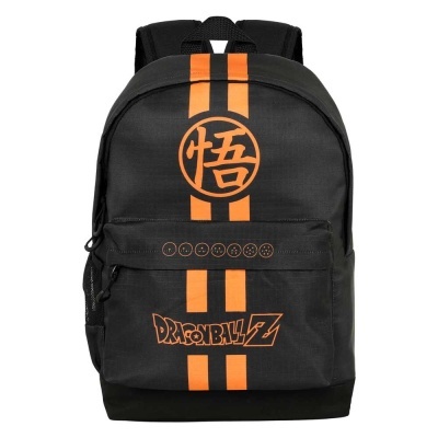 Mochila preta e laranja Dragon Ball Z com logotipos e esferas no bolso frontal