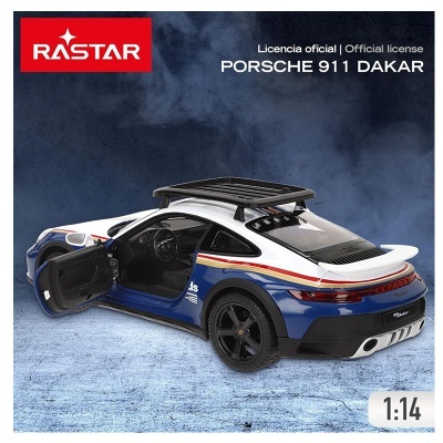Miniatura do Porsche 911 Dakar na escala 1:14 com portas abertas e detalhes coloridos.
