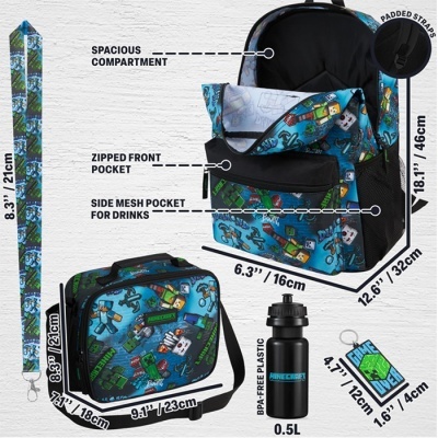 Conjunto mochila azul Minecraft com mochila, lancheira, garrafa preta 0.5L e porta-chaves Game Over