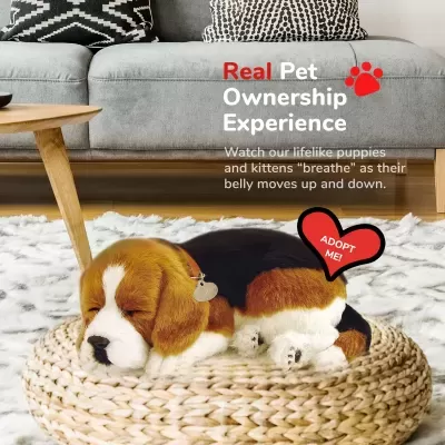 Cão de peluche realista a dormir num tapete trançado redondo dentro de uma sala com sofá cinza e almofadas pretas e brancas