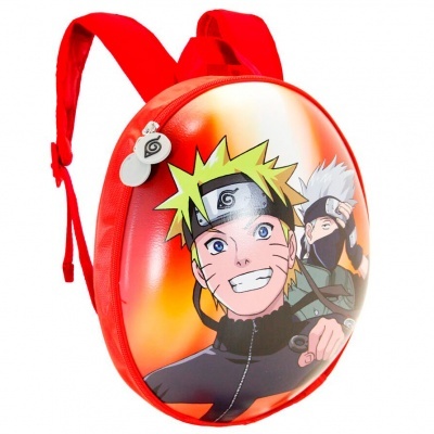 Mochila redonda vermelha com imagem dos personagens Naruto e Kakashi
