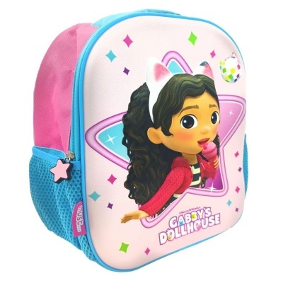 Mochila infantil rosa, azul e branca com estampa da personagem Gabby da série Gabby's Dollhouse